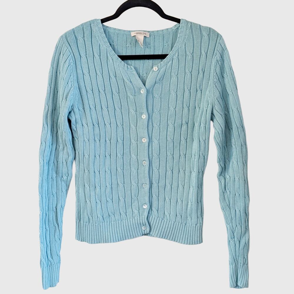 Harold's 100% Cotton Cable Knit Cardigan Sweater M Blue Layer